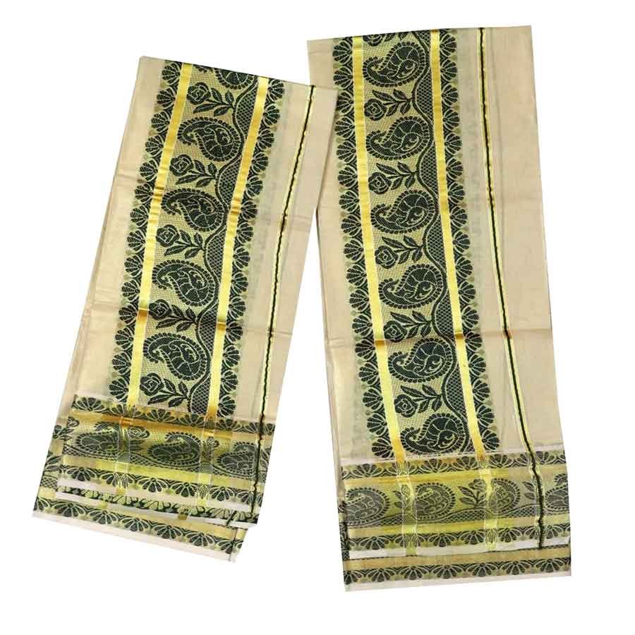 Set Mundu With Green Design Golden Tissue 