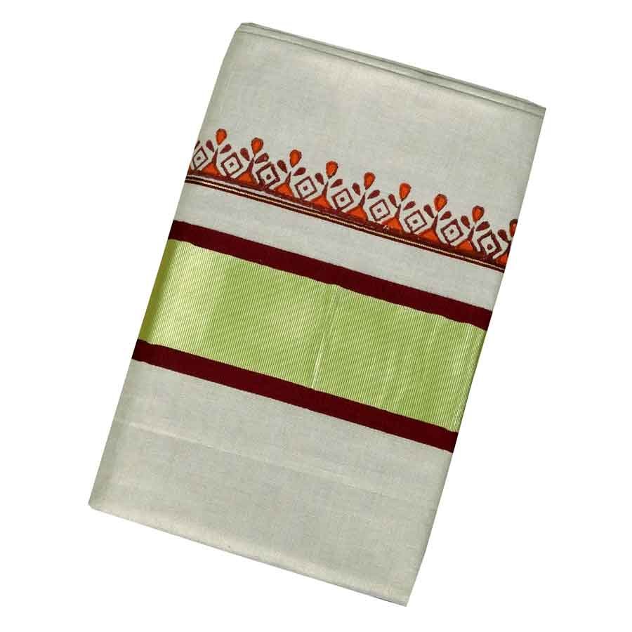 Kerala Kasavu Tissue Saree With Samrekha Blockprint Patterns