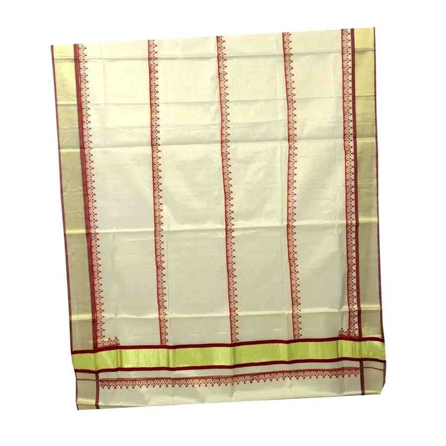 Kerala Kasavu Tissue Saree With Samrekha Blockprint Patterns