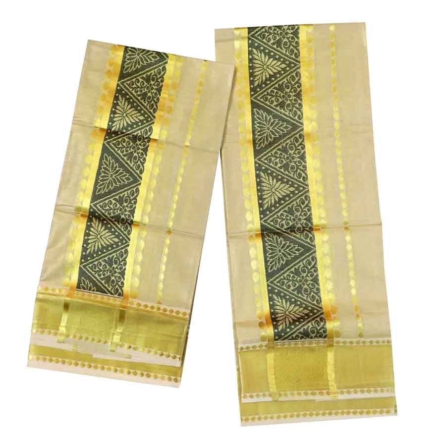 Golden Tissue Set Mundu With Green Design