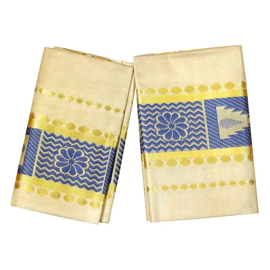 Golden Tissue Set Mundu With Blue Design
