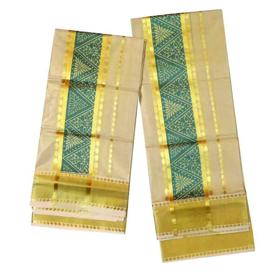 Golden Tissue Set Mundu With Cyan Design

