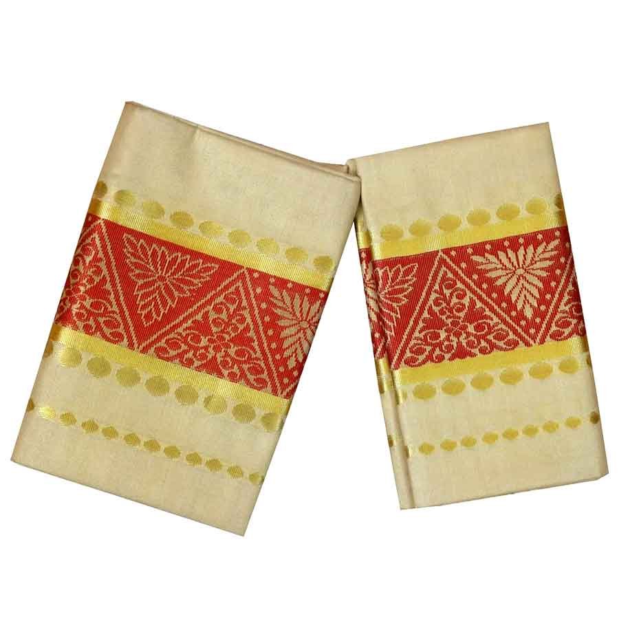 Golden Tissue Set Mundu With Orange Design
