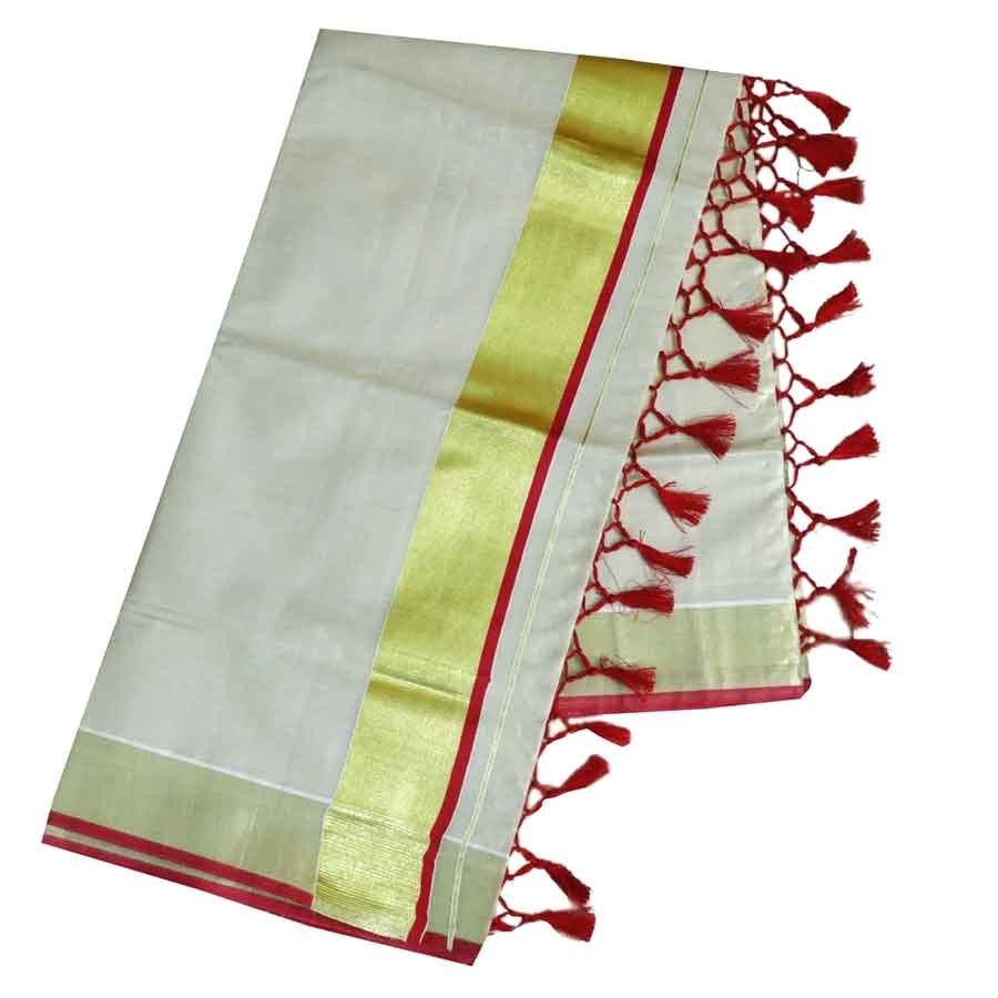 Traditional Kottar Kasavu Tissue Saree With Tassels
