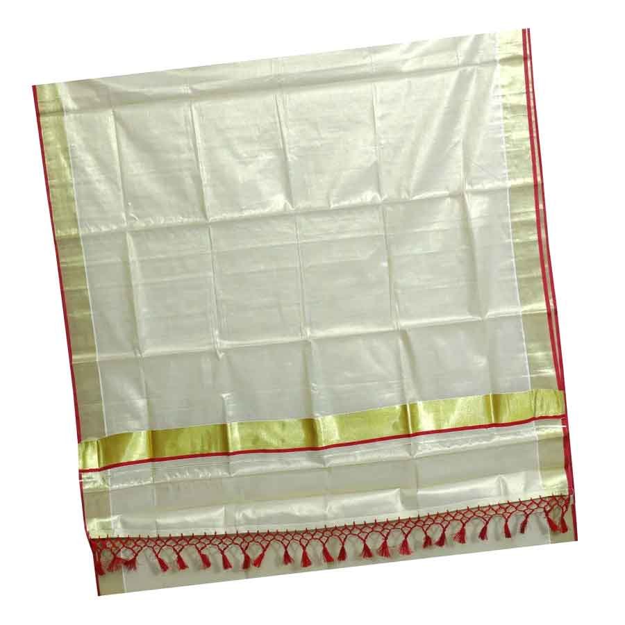 Traditional Kottar Kasavu Tissue Saree With Tassels
