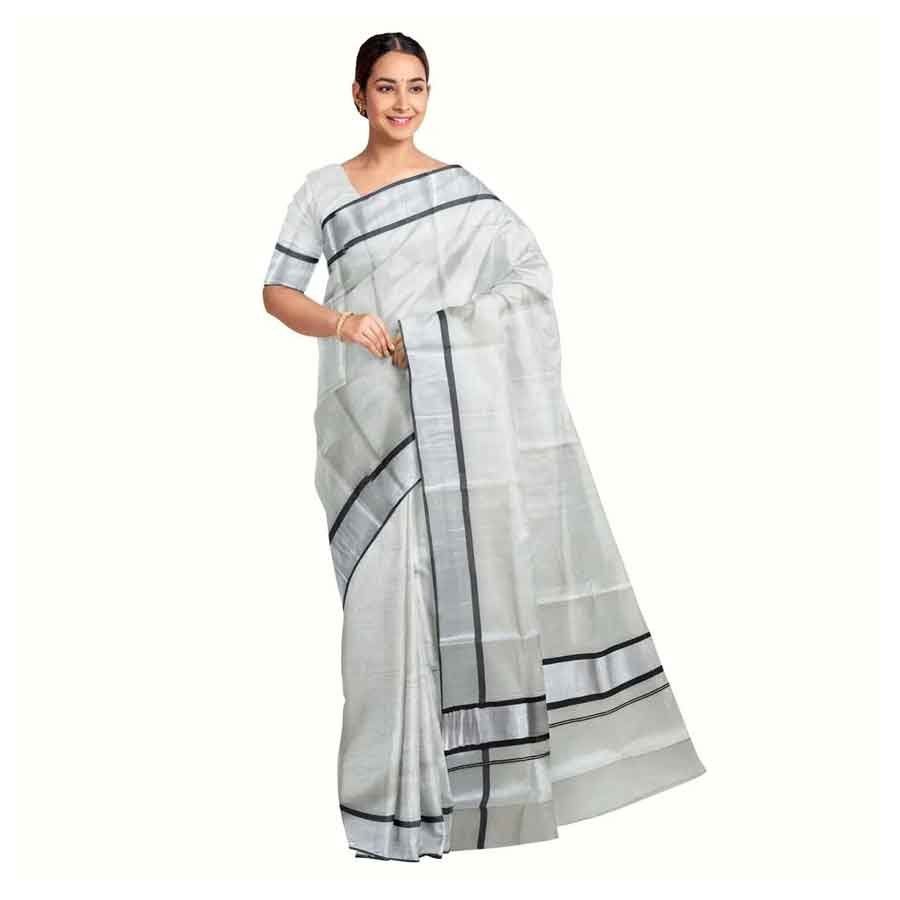 Kerala Tissue Saree With Black Woven Border And Silver Kasavu

