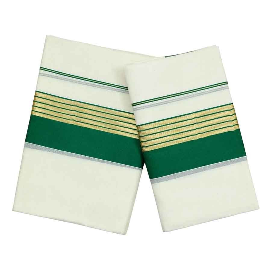 Green Kara Cotton Set Mundu With Golden Stripes