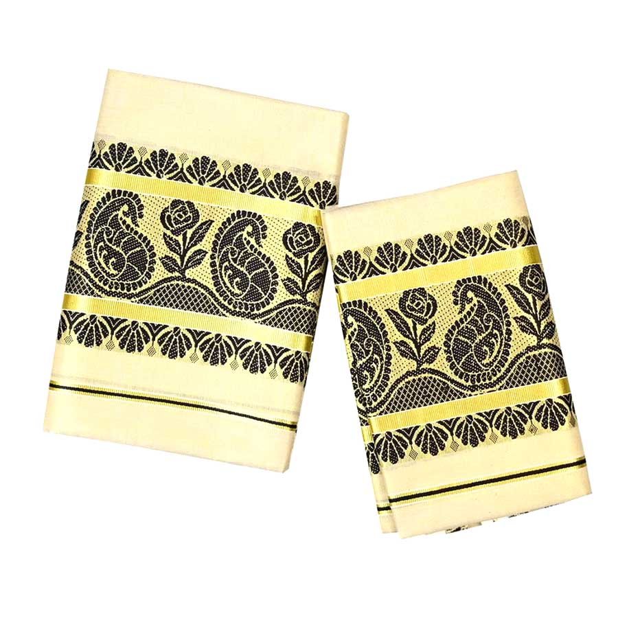 Golden Tissue Set Mundu With Coffee Brown Design
