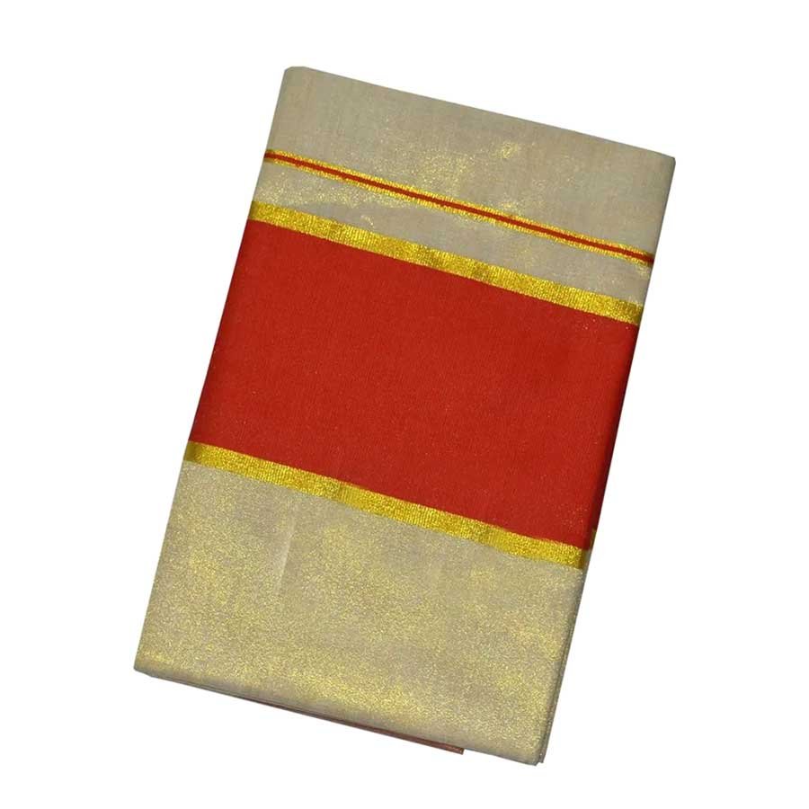 Kerala Tissue Saree With Amber Orange Border

