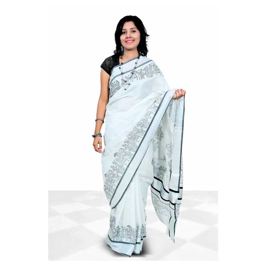 Kerala Cotton Tissue Saree With Hand Block Prints In Silver Kasavu
