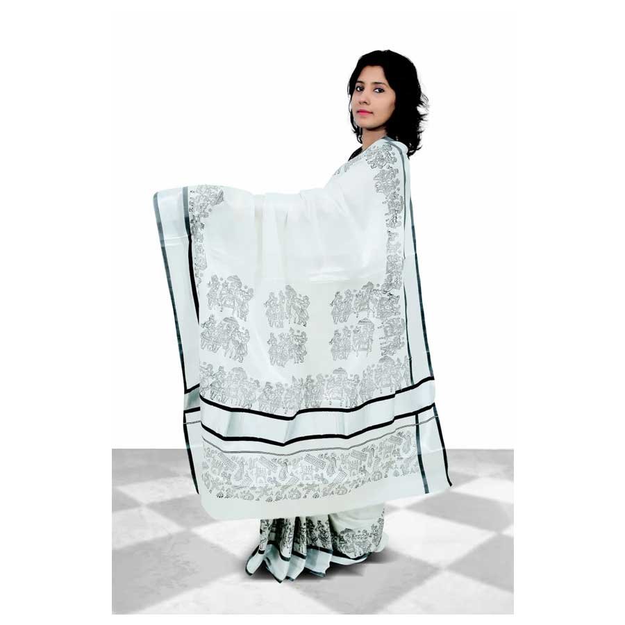 Kerala Cotton Tissue Saree With Hand Block Prints In Silver Kasavu
