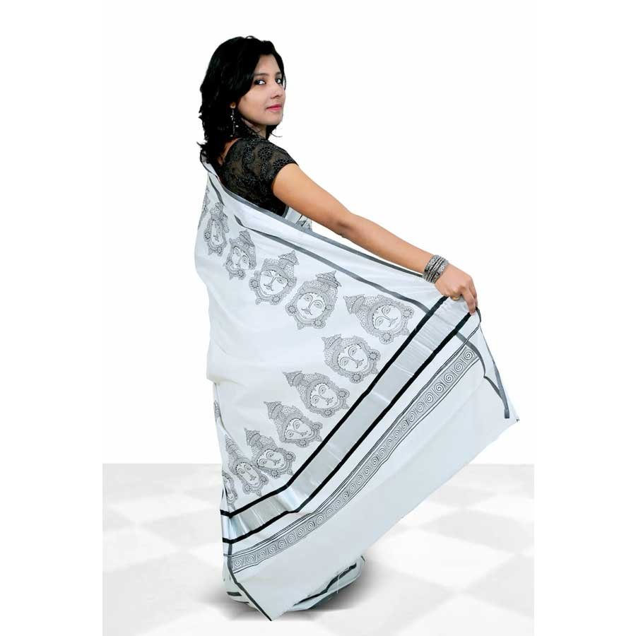 Kerala Cotton Tissue Saree With Hand Block Prints In Silver Kasavu
