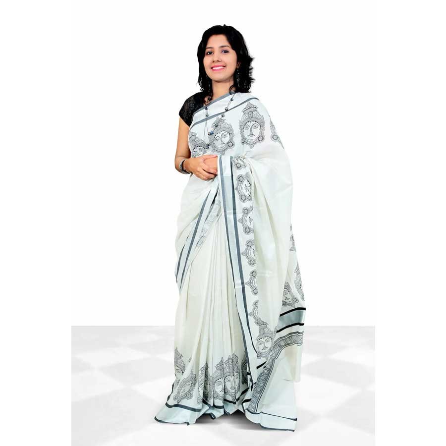 Kerala Cotton Tissue Saree With Hand Block Prints In Silver Kasavu
