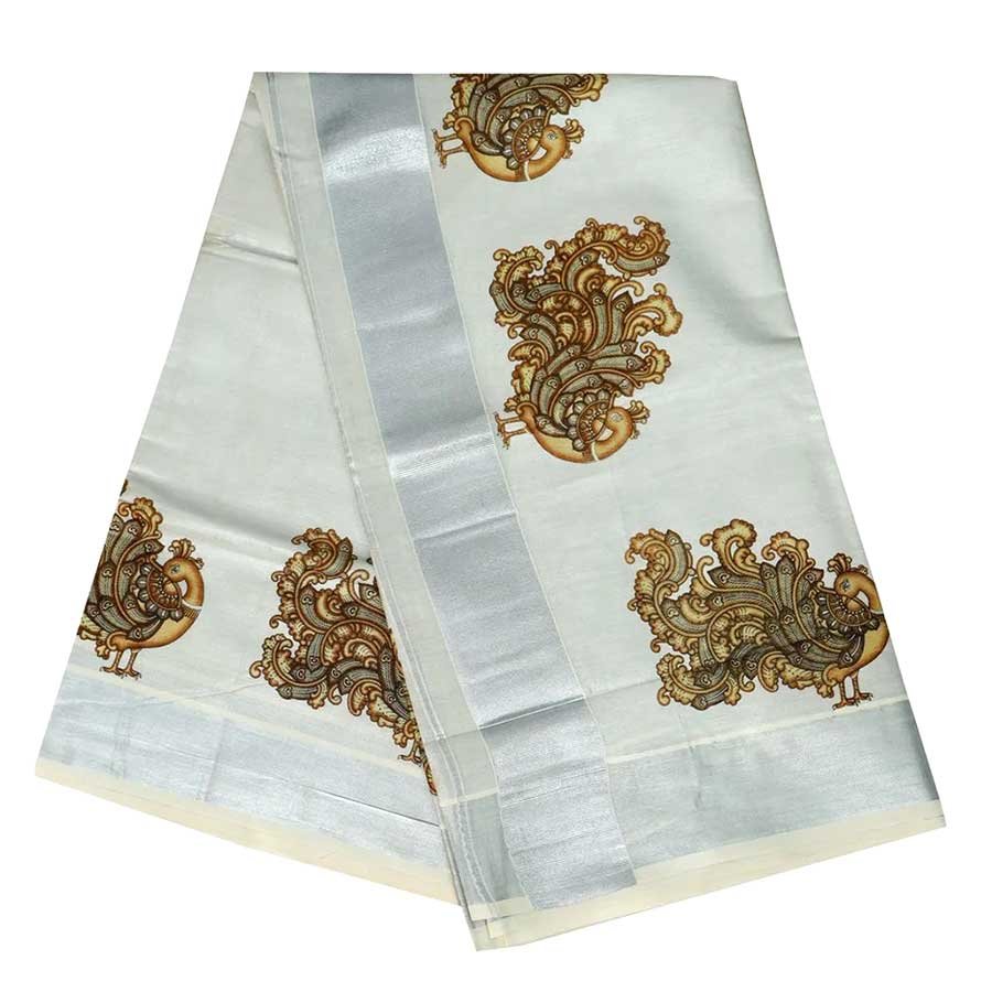 Silver Kasavu Saree With Mayoora Print In Antique Shades
