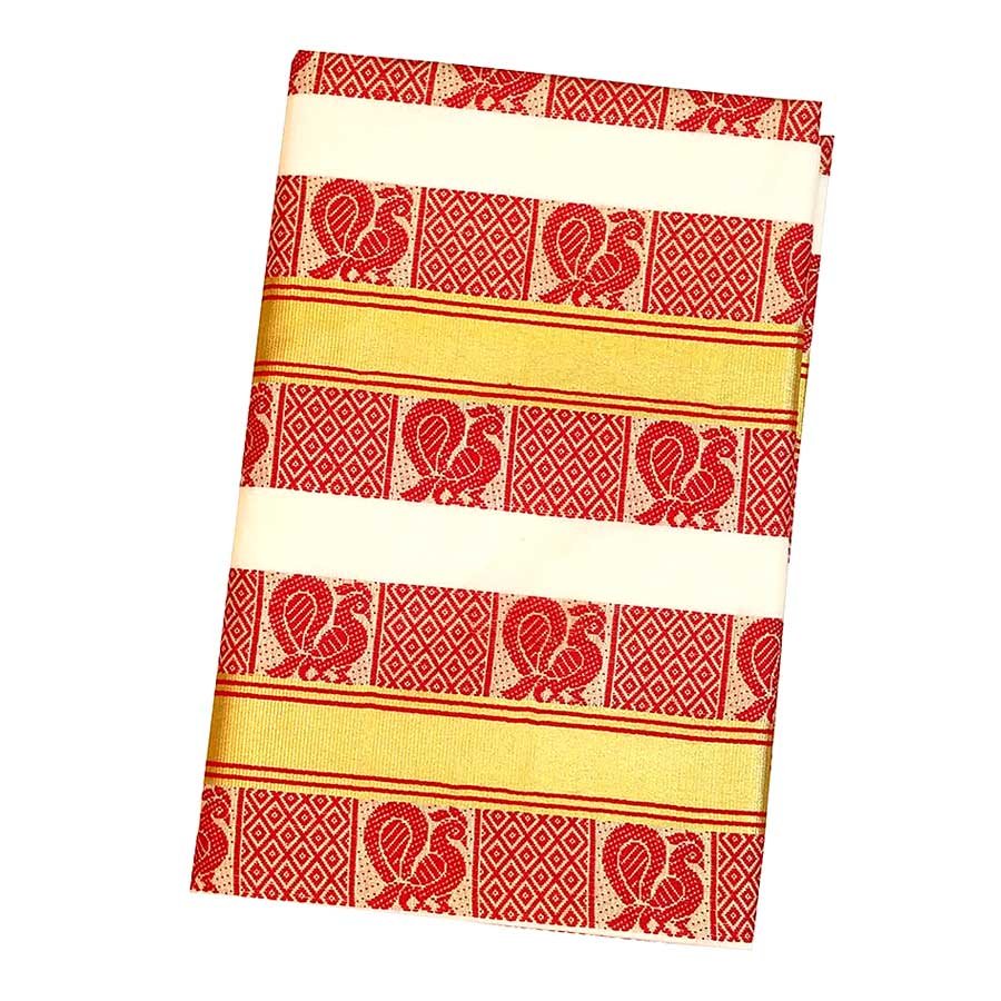 Traditional Kerala Saree With Gold And Red Design
