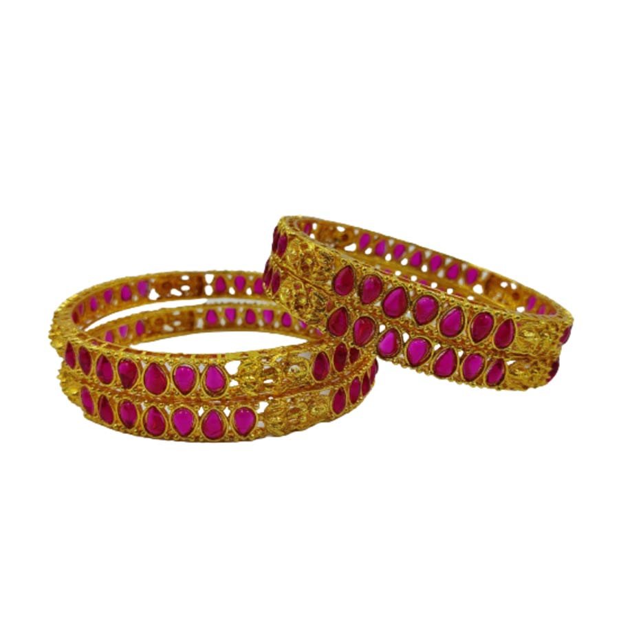 Kayaa Fashion Golden Alloy Metal Bangles with Pink Color Stones
