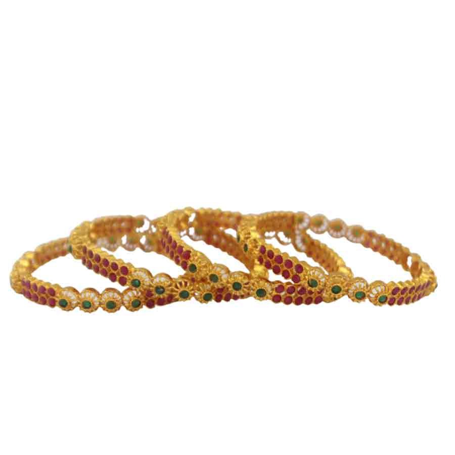 This red green bangles have finish with alloy material and plated with gold wearable at wedding functions etc available in 2.2,2.4,2.6,2.8 size
