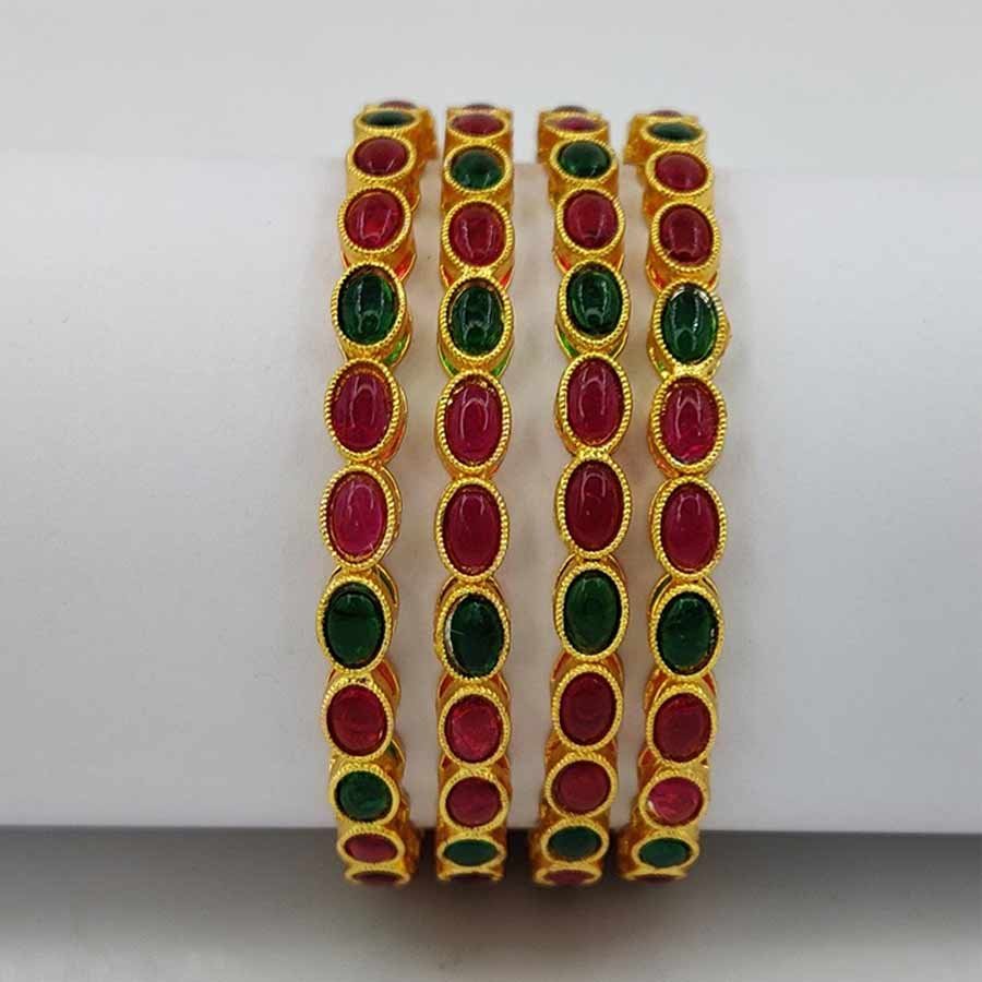 Gold Plated Gold Red and Green Stone Embellished Designer Wedding Bangles  for Women