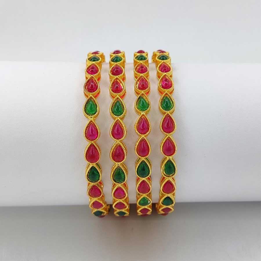 Gold Plated Red and Green Stone Embellished Designer Wedding Bangles for Women