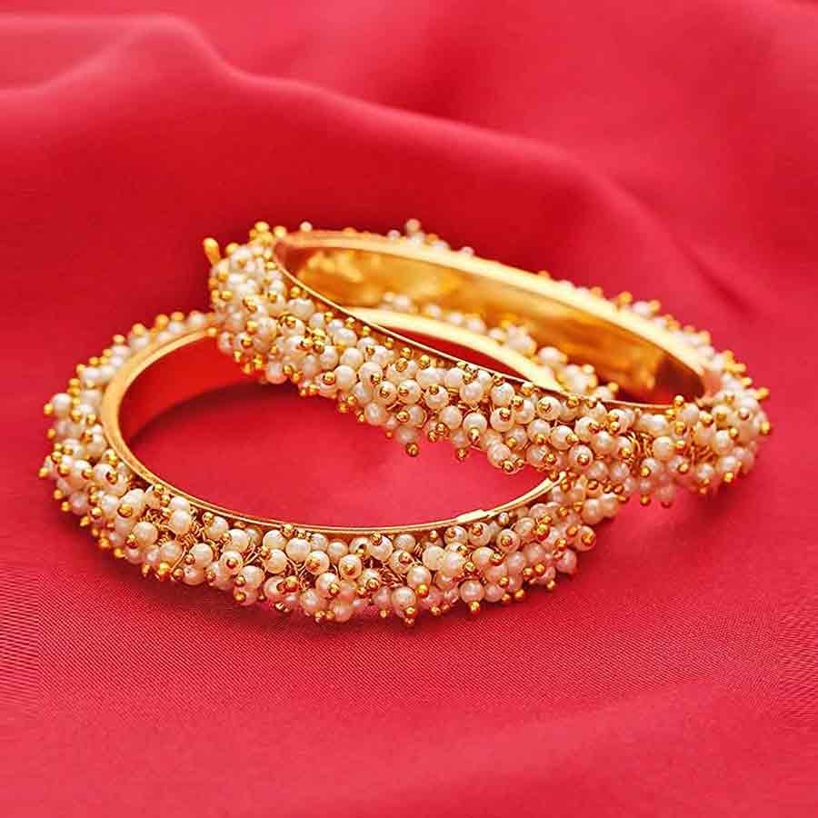 Kayaa Fashion Traditional Style Gold Plated Pearl Ghungroo Bangles for Women & Girls (Sizes : 2.4, 2.6, 2.8)
