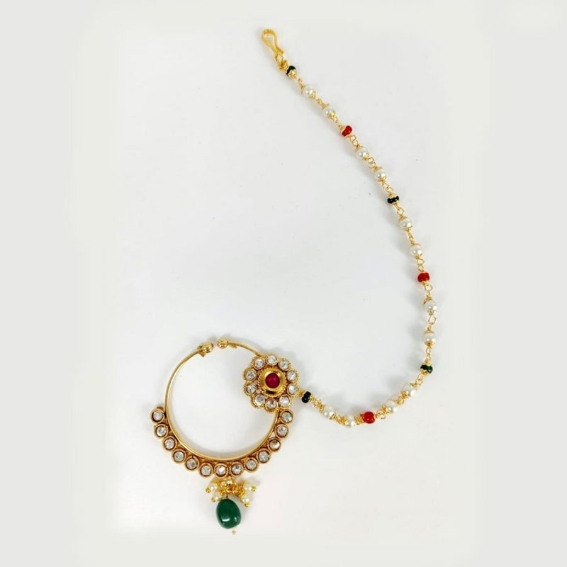 Traditional  Copper Kundan and Pearl Nose Ring Indian Bollywood AD Nose Ring/Nath with Pearl Layered Chain for Women 