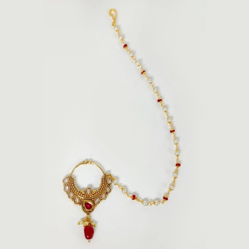 Gold Plated Traditional Ethnic Bridal Nose Ring/Nath without piercing Encased With Faux Kundan & Stones for Women/Girls
