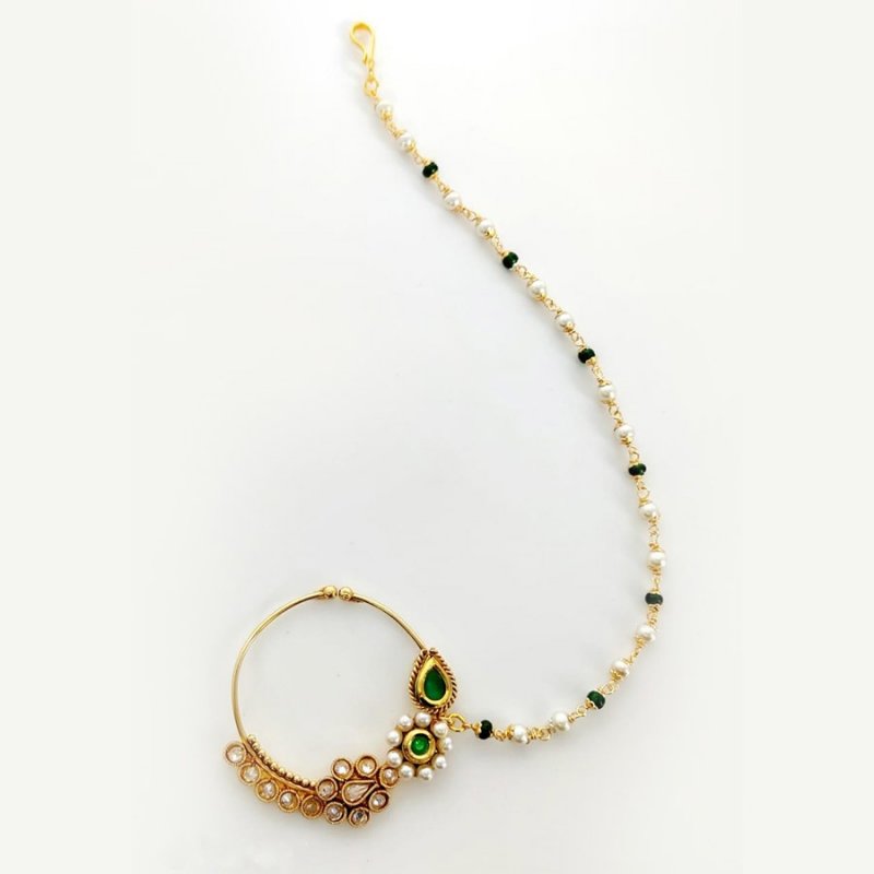 Gold Plated Traditional Ethnic Bridal Nose Ring/Nath Without Piercing Encased With Faux Kundan & Stones For Women