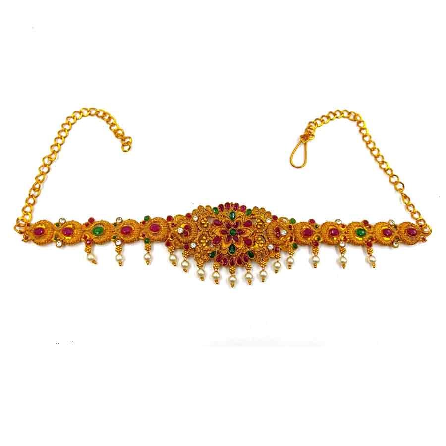 This kamarband is gold plated with a heavy golden primary chain and hanging pearl chains enhancing its look. Traditional sotuh Indian in design, it is simple yet stylish and fancy in looks. It also has adjustable chain length design and has been specially crafted for party wear occasions like wedding and marriage functions or religious gatherings..