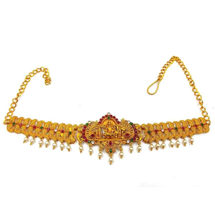 This kamarband is gold plated with a heavy golden primary chain and hanging pearl chains enhancing its look. Traditional sotuh Indian in design, it is simple yet stylish and fancy in looks. It also has adjustable chain length design and has been specially crafted for party wear occasions like wedding and marriage functions or religious gatherings..