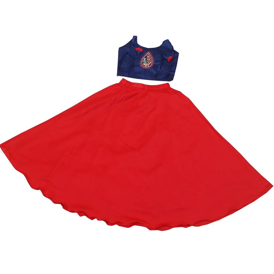 Lovely red-blue combination outfit with a twirling skirt to make your little one twirl with delight.