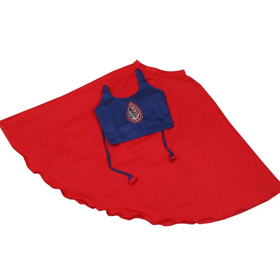 Lovely red-blue combination outfit with a twirling skirt to make your little one twirl with delight.