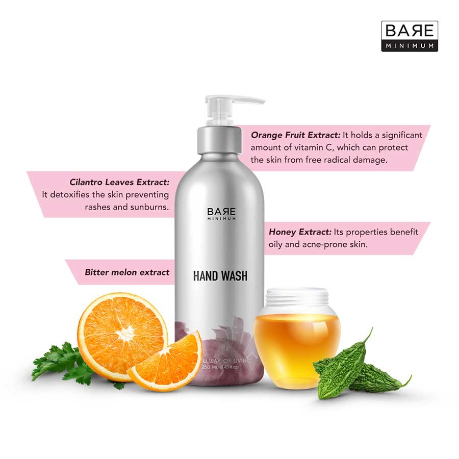 Bare Minimum | Gentle | Hand Wash| pH Balanced Liquid | With Extracts Of Orange Fruit, Cilantro Leaves For Antifungal And Antiseptic Quality | Refillable | For All Skin Types