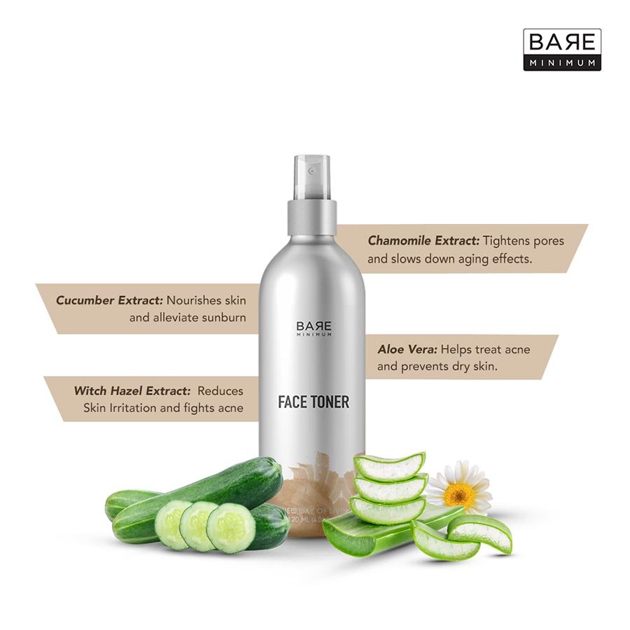 Bare Minimum| All-Natural Face Toner | Hydrating | Pore-Tightening | pH-Balanced Formula | With The Extracts of Aloe Vera And White Hazel | Protects Skin Damage And Helps Reduce Acne | For All Skin Types | 120 ML