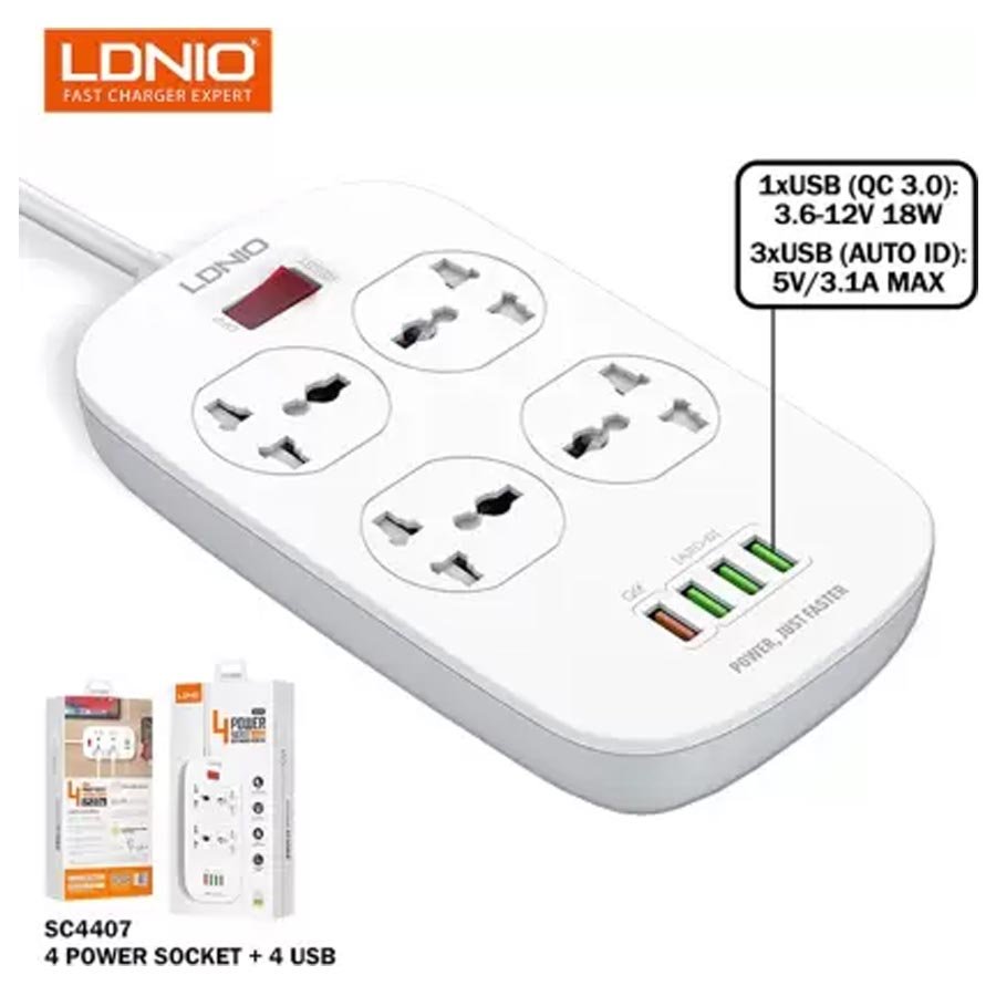 LDNIO SC4407 New Model Defender Series Qualcomm 3 0 Quick Charge 4 Ways Socket 4 USB with one QC 3 0 Port Multifunction 2 metres cord 3 4 A Three Pin Socket  with 6 month warranty