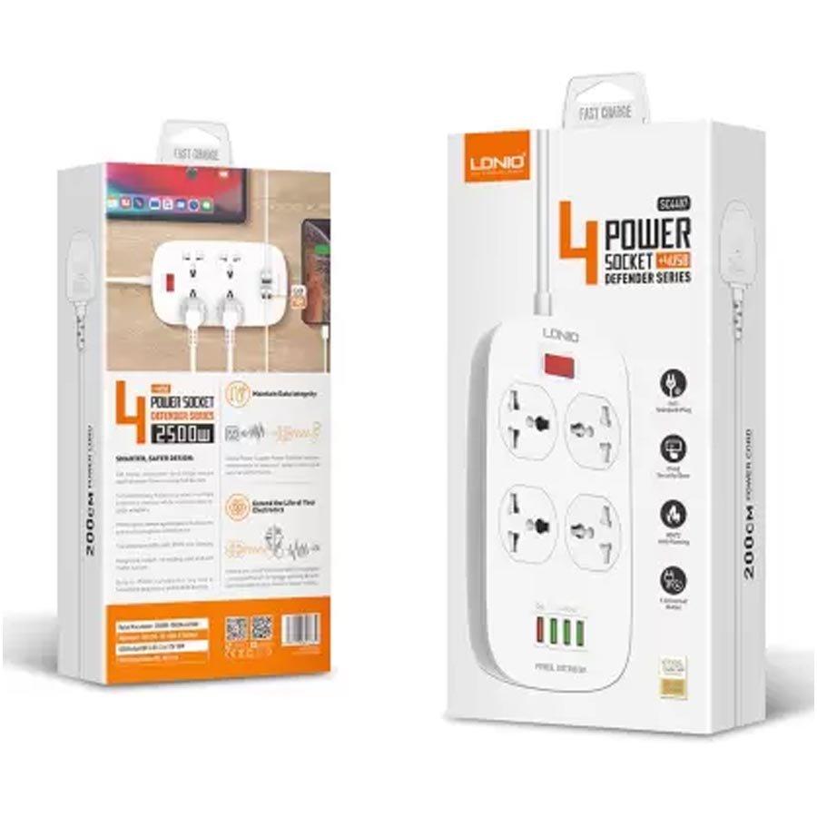 LDNIO SC4407 New Model Defender Series Qualcomm 3 0 Quick Charge 4 Ways Socket 4 USB with one QC 3 0 Port Multifunction 2 metres cord 3 4 A Three Pin Socket  with 6 month warranty