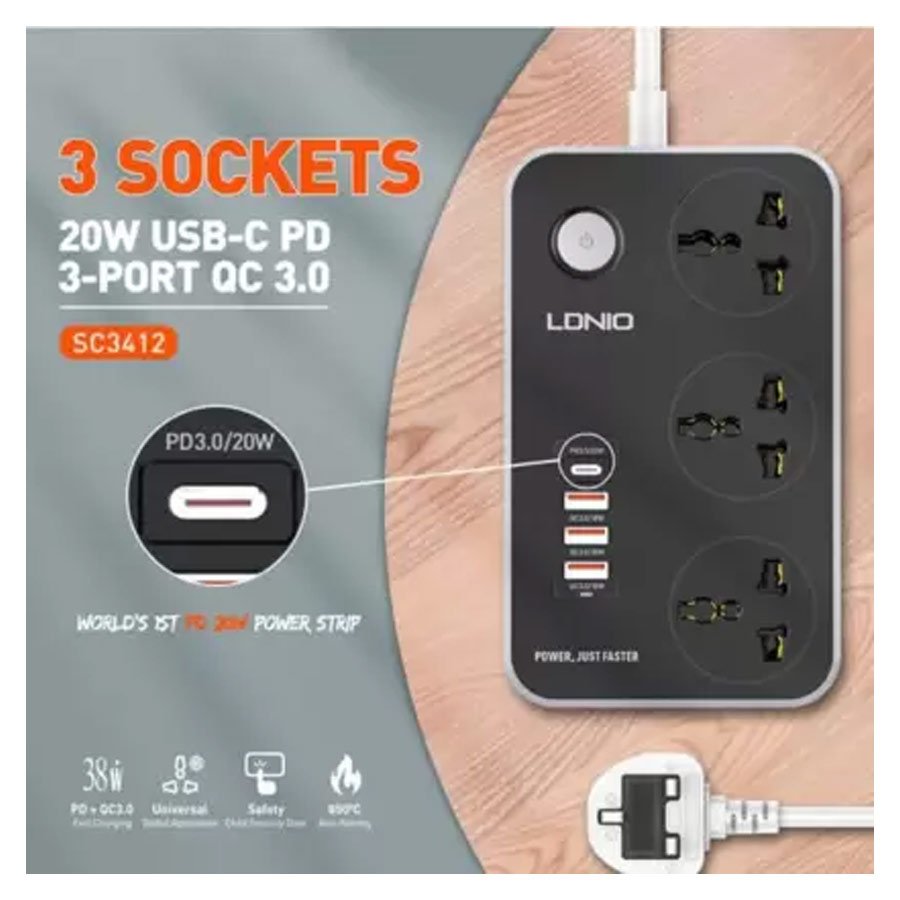 Ldnio SC3412 Fast Charging Power Extension With 20W USB C PD Port & 3 QC 3.0 Ports