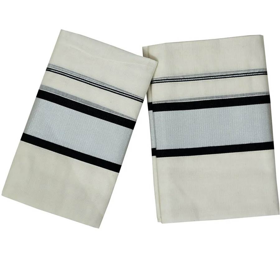 Cotton Set Mundu Silver Kara With Black Stripes