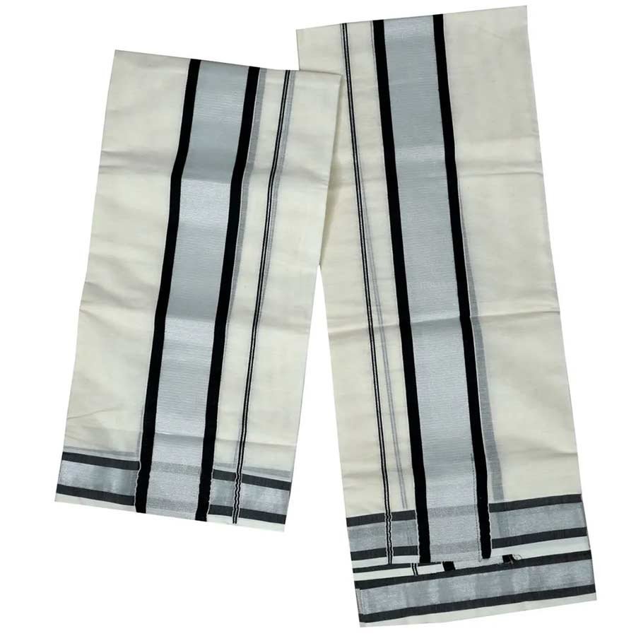 Cotton Set Mundu Silver Kara With Black Stripes