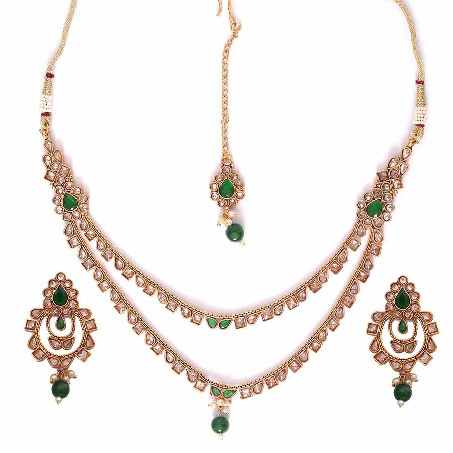 Green Gold Tone Kundan Layered Necklace Set