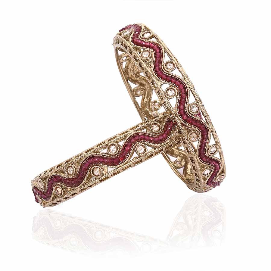 Kayaa Copper Gold Plated and Ruby Bangle Set for Women & Girls