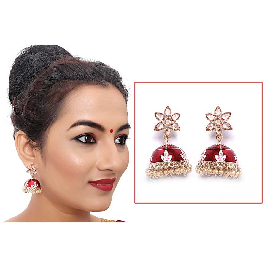 Latest Stylish Meenakari Pearl Jhumka Jhumki Traditional Earrings for Women and Girls(Red)