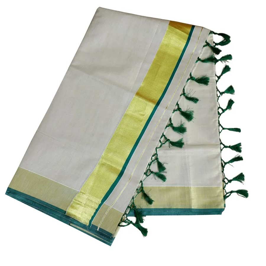 The versatility of kottar kasavu sarees is that it makes you feel in between classic and contemporary. While, the green border gives it a authentic, formal look, the gold zari nestled between them gives it a traditional touch. This 'swarna kasavu' sarees are perfect for both, a formal official meeting and a festive gathering.