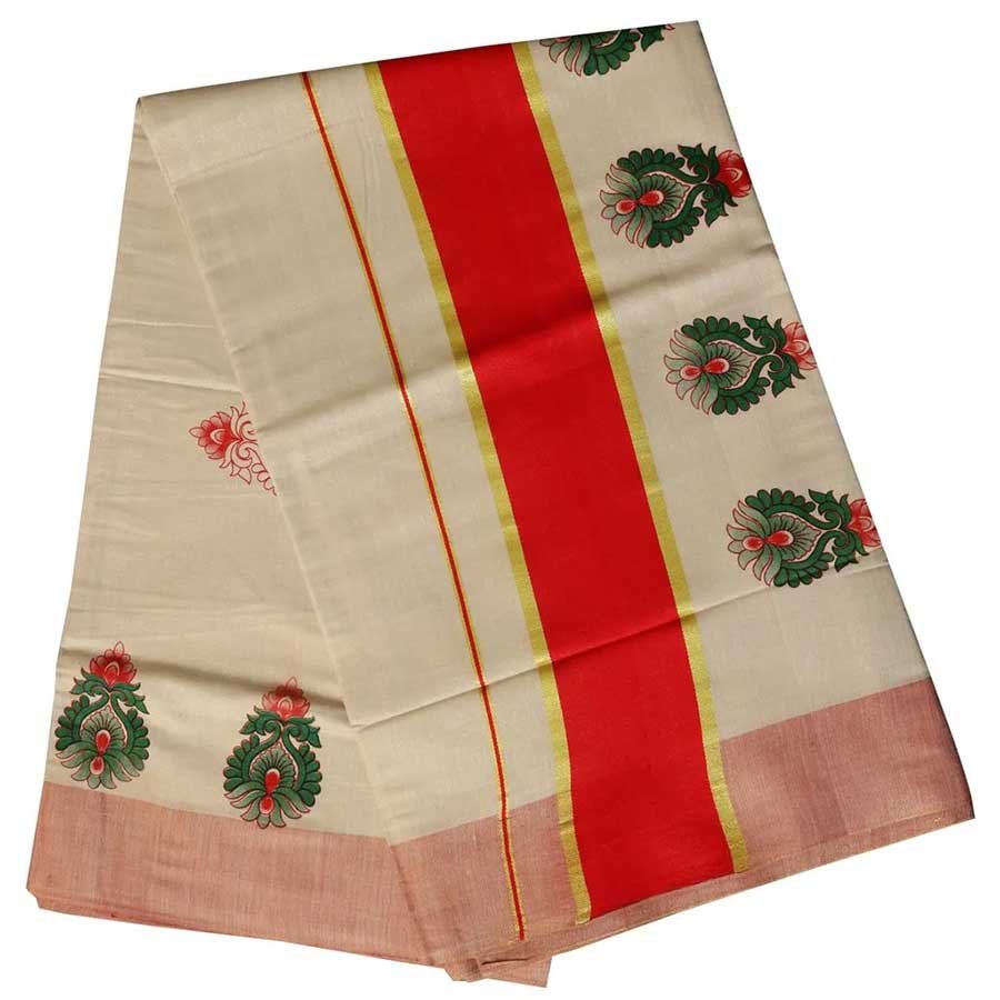 A beautiful amalgamation of ethnic prints and shimmering kasavu. Adorned with traditional motifs in rich kasavu and vivid hues, this Kerala Tissue saree beautifully combine the classic and the contemporary.