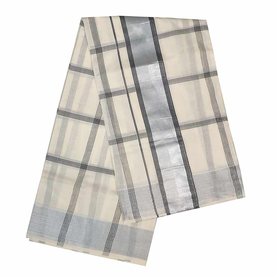 A versatile edition for your wardrobe. Immerse yourself in the rhythm of warp and weft with the Kattam (checks) and Vari (stripes) collective of traditional kasavu Saree.. Look undeniably beautiful in this exquisite contrast checked kasavu drape with a silver zari border.