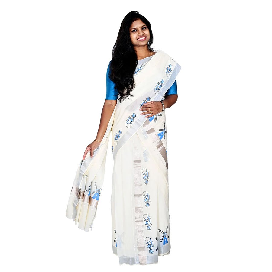 The 'Tulip' modify conveys a lyrical impression. The flower of hope, a symbol of new beginnings is beautifully portrayed in kasavu set mundu. Make them your instant favorites to leave a remarkable statement like never before.