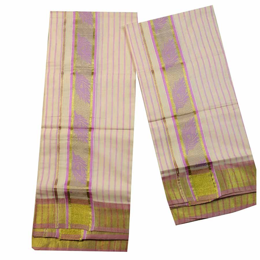 A contemporary classic - Signature half and half stripes in Kerala Kasavu. Look absolutely divine draped in this stunning jacquard sari drape with pleasant woven borders.