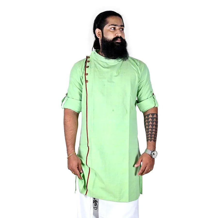 A roll over between an ethnic wear and casual wear, this asymmetric green kurta is elevated with a contrast placket detailing . Crafted from fine handloom cotton, this kurta in solid shade is a unique melange of elegance and comfort.