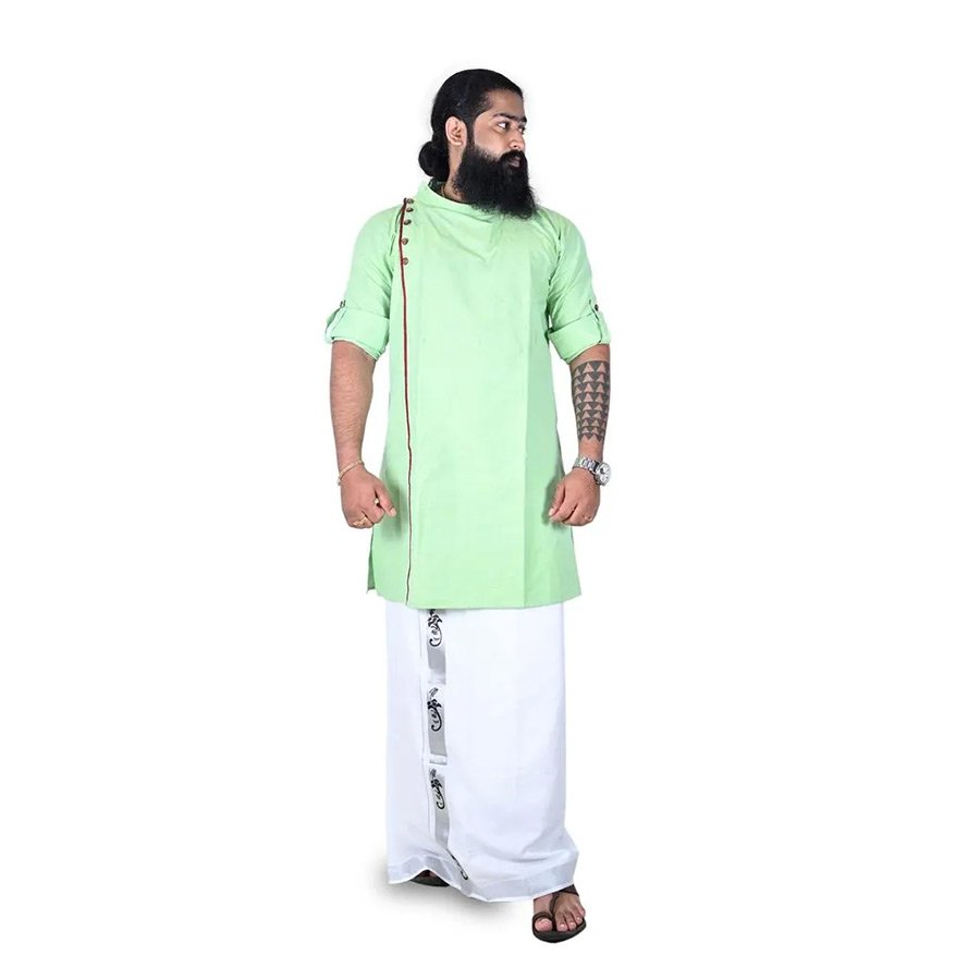 A roll over between an ethnic wear and casual wear, this asymmetric green kurta is elevated with a contrast placket detailing . Crafted from fine handloom cotton, this kurta in solid shade is a unique melange of elegance and comfort.