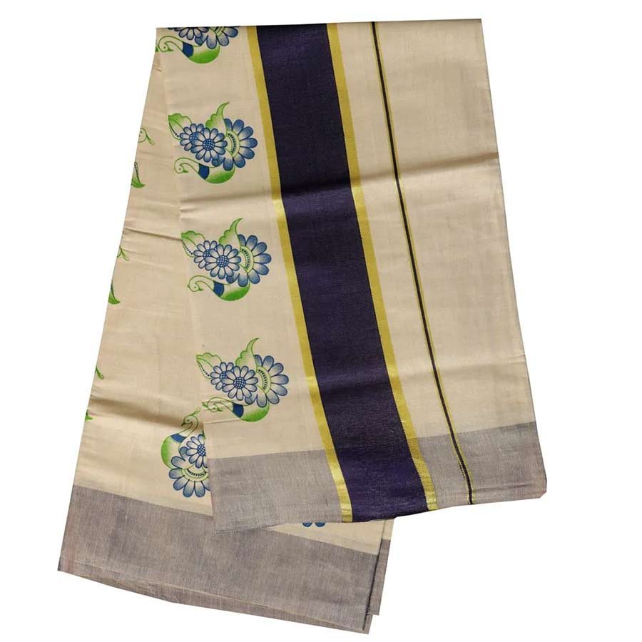 A beautiful amalgamation of ethnic prints and shimmering kasavu. Adorned with traditional motifs in rich kasavu and vivid hues, this Kerala Tissue saree beautifully combine the classic and the contemporary.