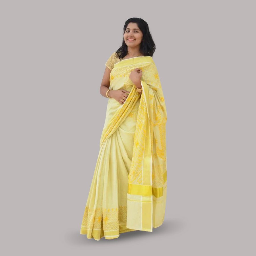 Akin to the glimmering rays that fall beneath the skies, hues of yellow and gold galore this Kerala kasavu saree. Ekatva reinventing kerala tissue sarees with traditional craft technique called ' Kantha embroidery ' practiced by rural artisans of west Bengal. This kasavu saree features 'Par tola kantha' embroidery technique which displays simple running stitch in geometrical patterns. Vintage paisley motifs in hues of yellow perfectly blends modernity and tradition. Shop from our exquisite collection of kantha embroidery sarees and adorn yourself with an outfit for every occasion.